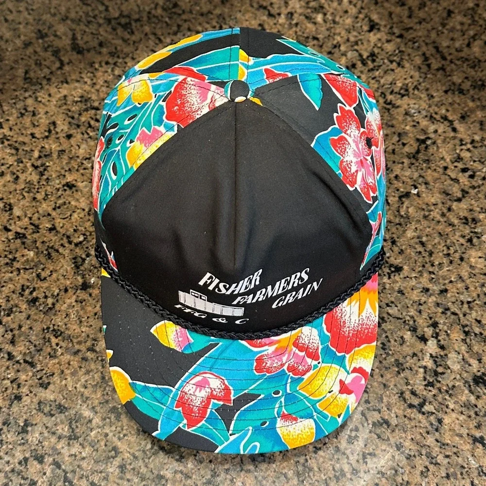 Vtg‎ Fisher Farmers Grain Floral Print NISSUN Trucker Hat Snapback